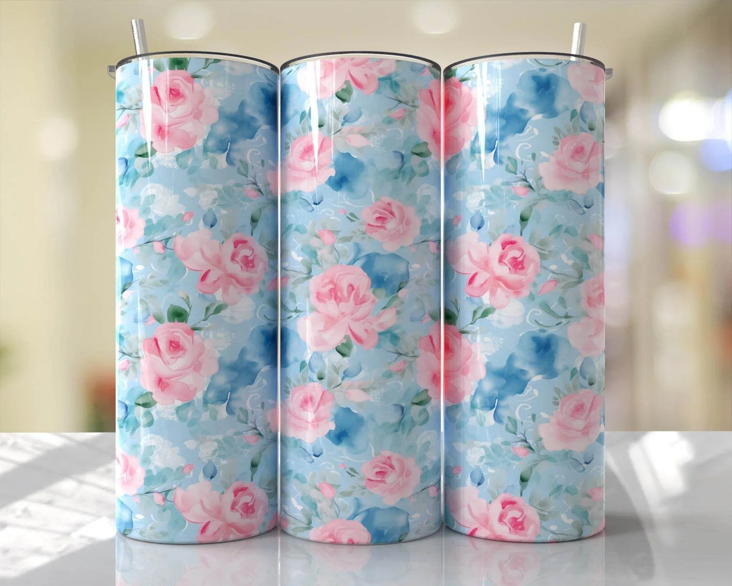 20 oz Blue and Pink floral Tumbler - The Redheaded StoryKeeper