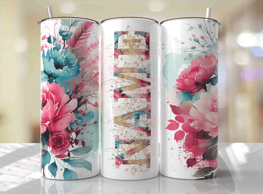 20 oz Pink and Teal Floral Custom Name Tumbler - The Redheaded StoryKeeper