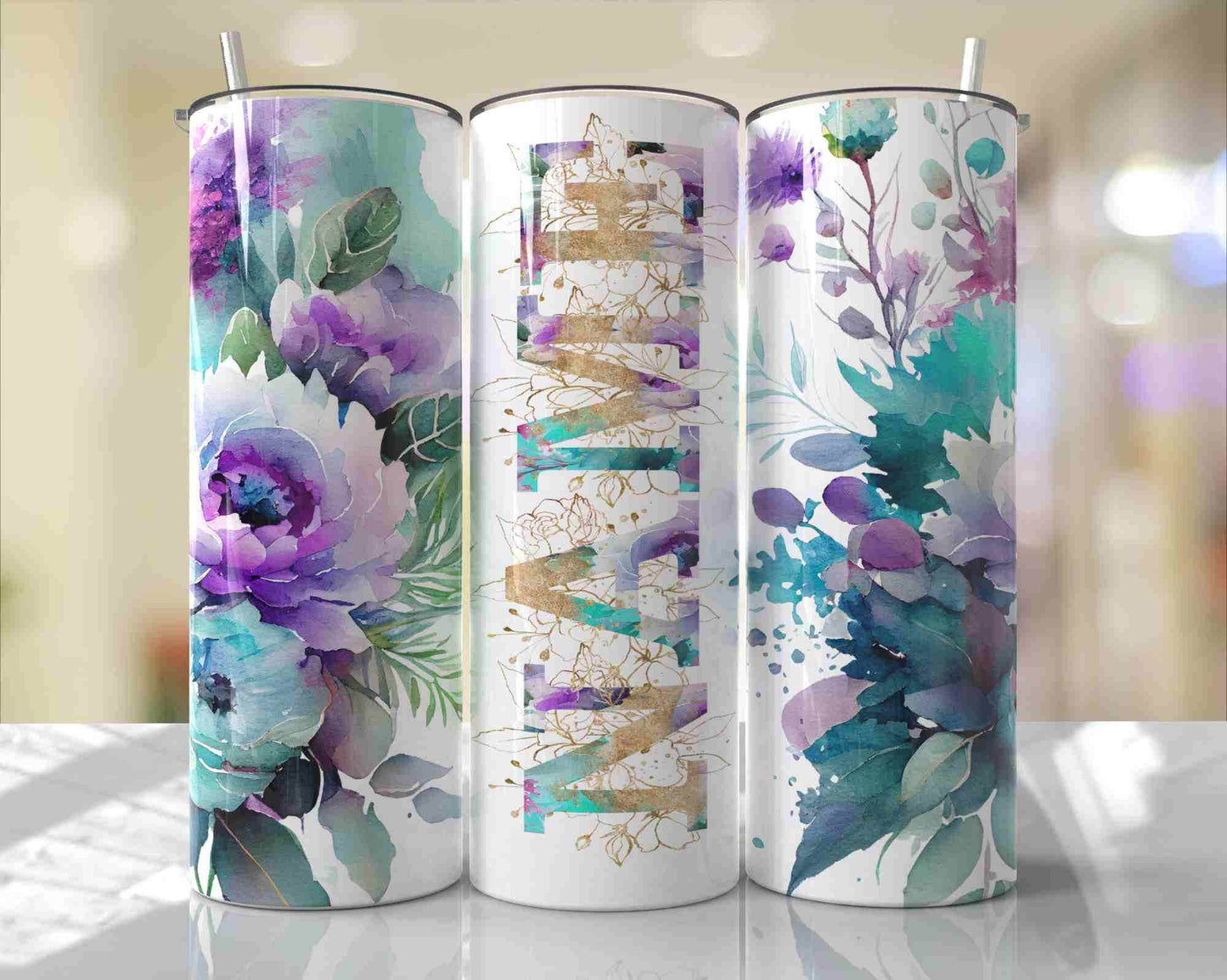 20 oz Purple and Teal Floral Custom Name Tumbler - The Redheaded StoryKeeper