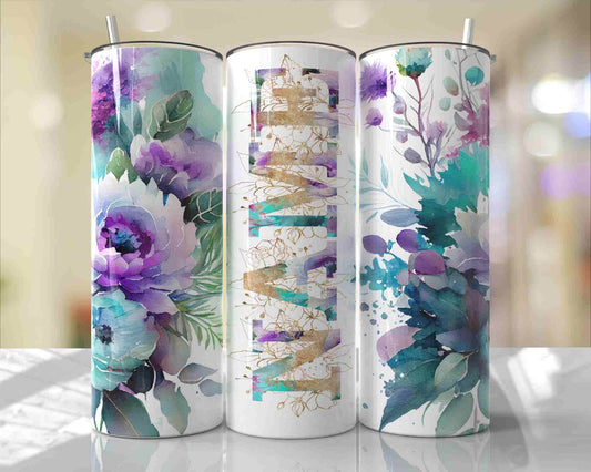 20 oz Purple and Teal Floral Custom Name Tumbler - The Redheaded StoryKeeper
