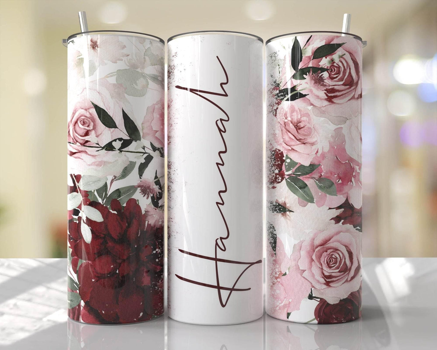 20 oz Red and Pink Roses Custom Name Tumbler - The Redheaded StoryKeeper
