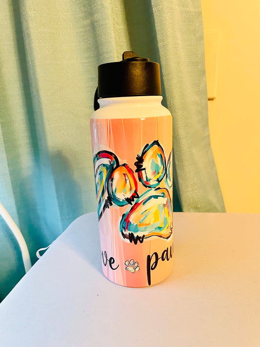 Peace, Love, Paws 32 oz water bottle front view