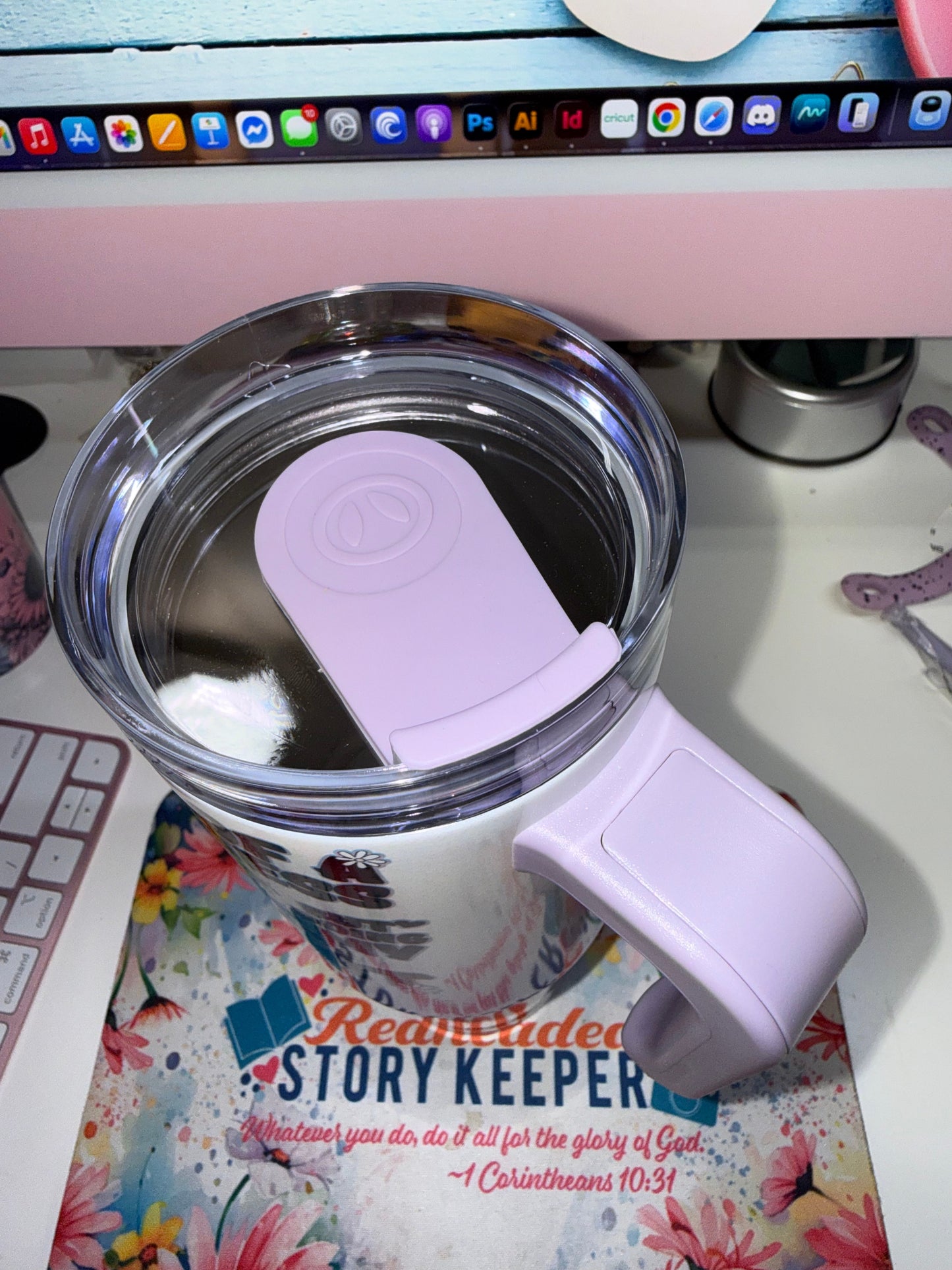30 oz Anxiety Loading Grippy Tumbler Limited Edition - top-down view showing clear outer lid with purple flip-up sliding inner lid and purple handle