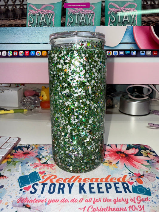 20 oz Eagles Glitter Tumbler - side view showing full chunky green and holographic white silver glitter wrap on clear double-wall acrylic tumbler
