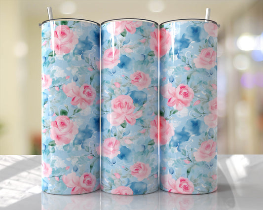 Blue and Pink floral 20 oz Tumbler full view
