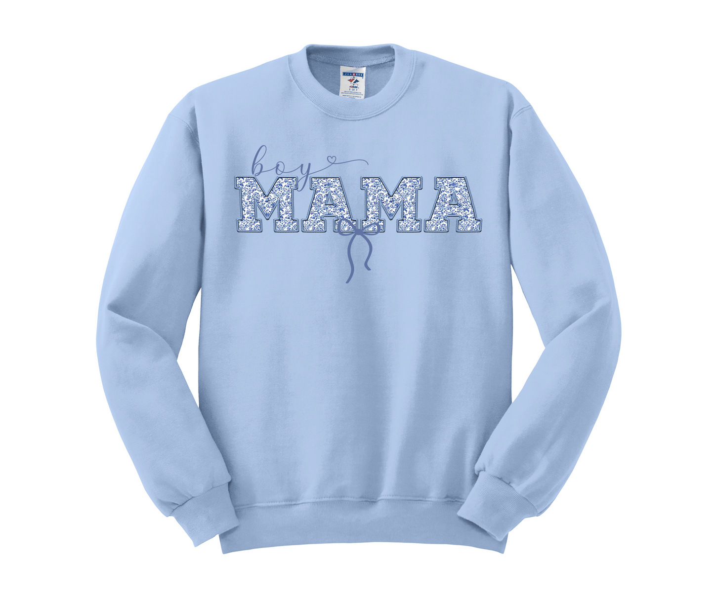 Light blue sweatshirt with 'boy MAMA' text on a white background
