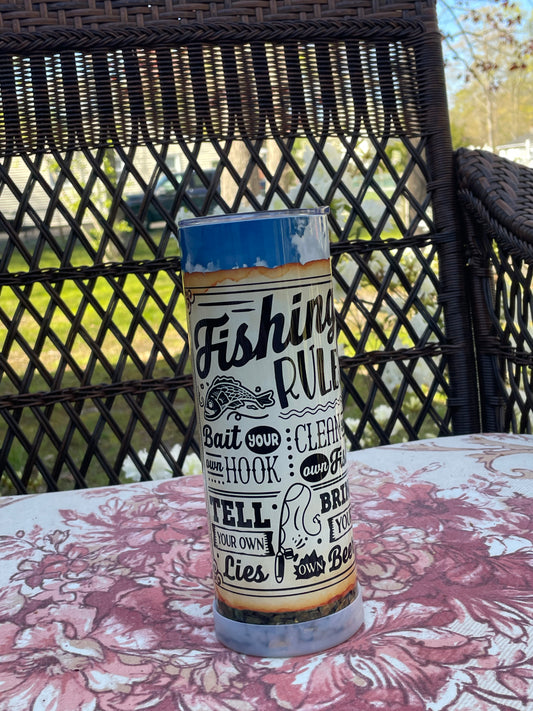 20 oz fishing rules tumbler front view