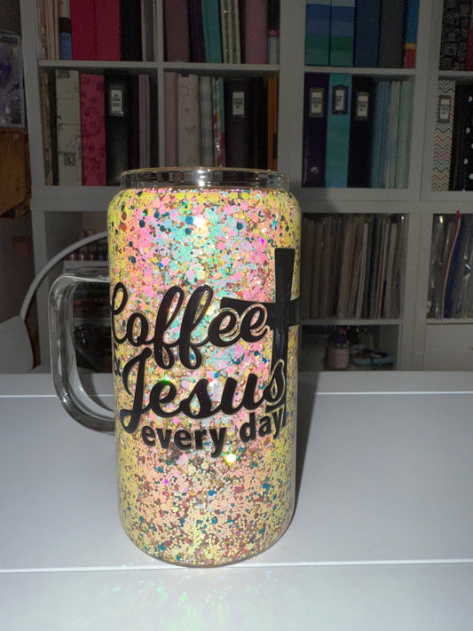 17 oz Coffee & Jesus Every Day Snowglobe Glass Mug - The Redheaded StoryKeeper