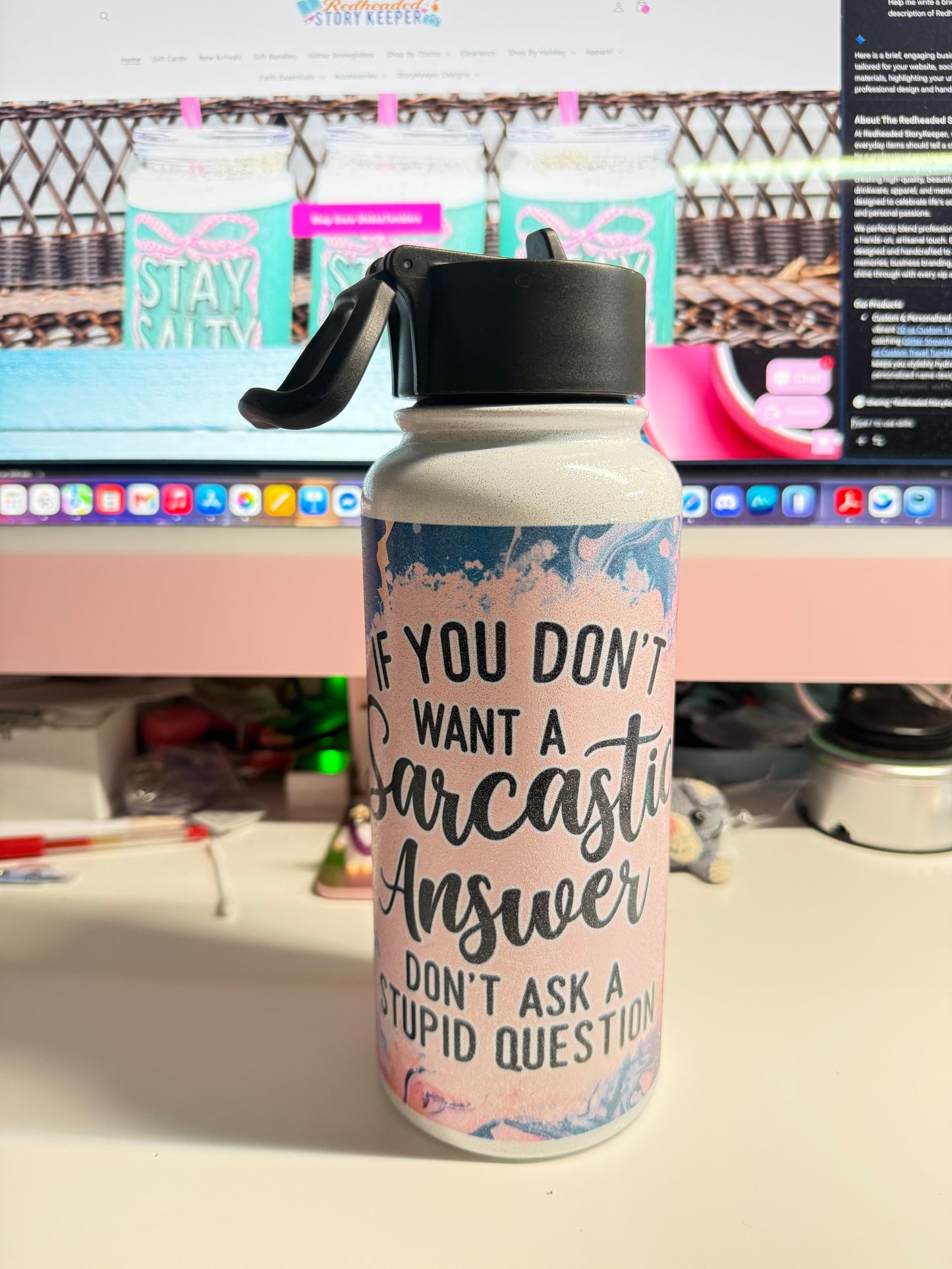 32 oz Sarcastic Answer Glitter Water Bottle Tumbler