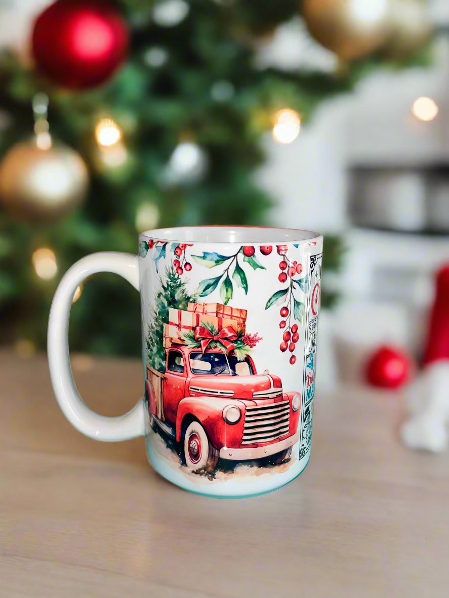 christmas rules red truck mug