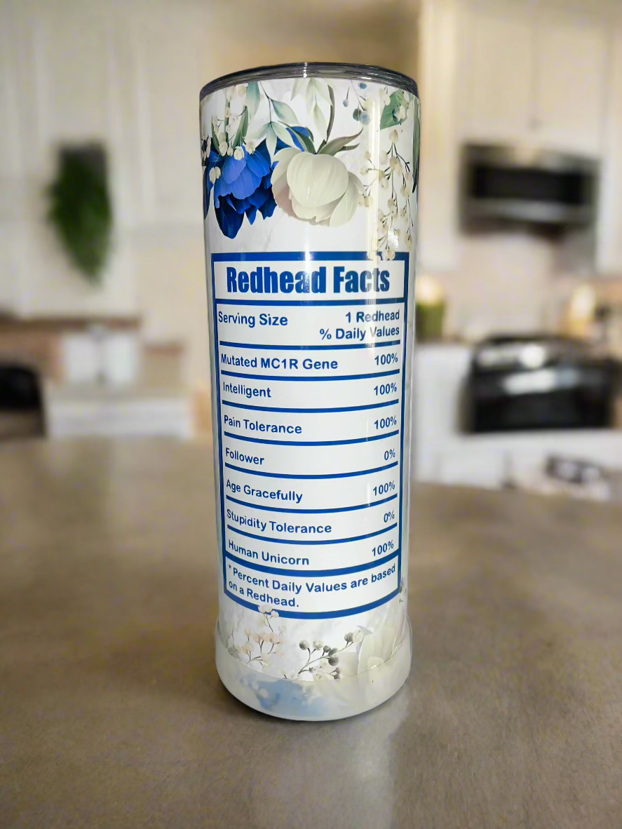 20 oz Redhead Facts - Blue Floral Tumbler - The Redheaded StoryKeeper