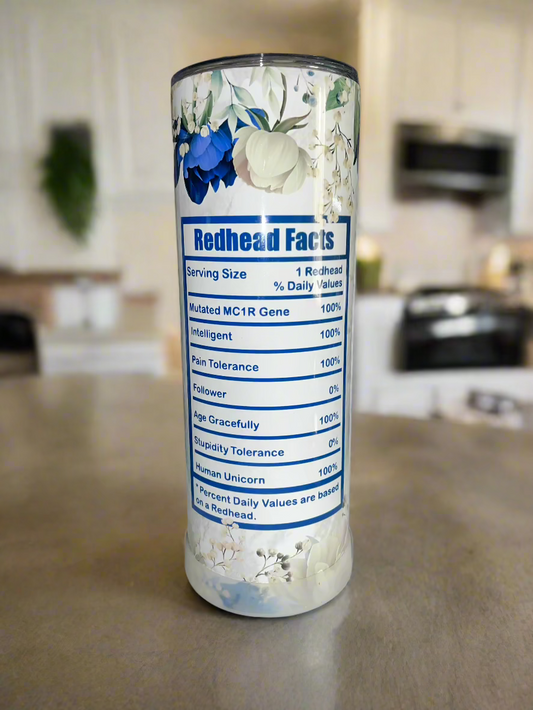 20 oz Redhead Facts - Blue Floral Tumbler - The Redheaded StoryKeeper