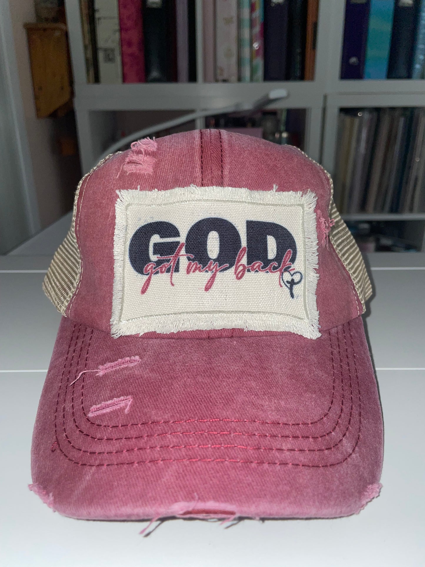 God Got My Back Distressed Ponytail Hat