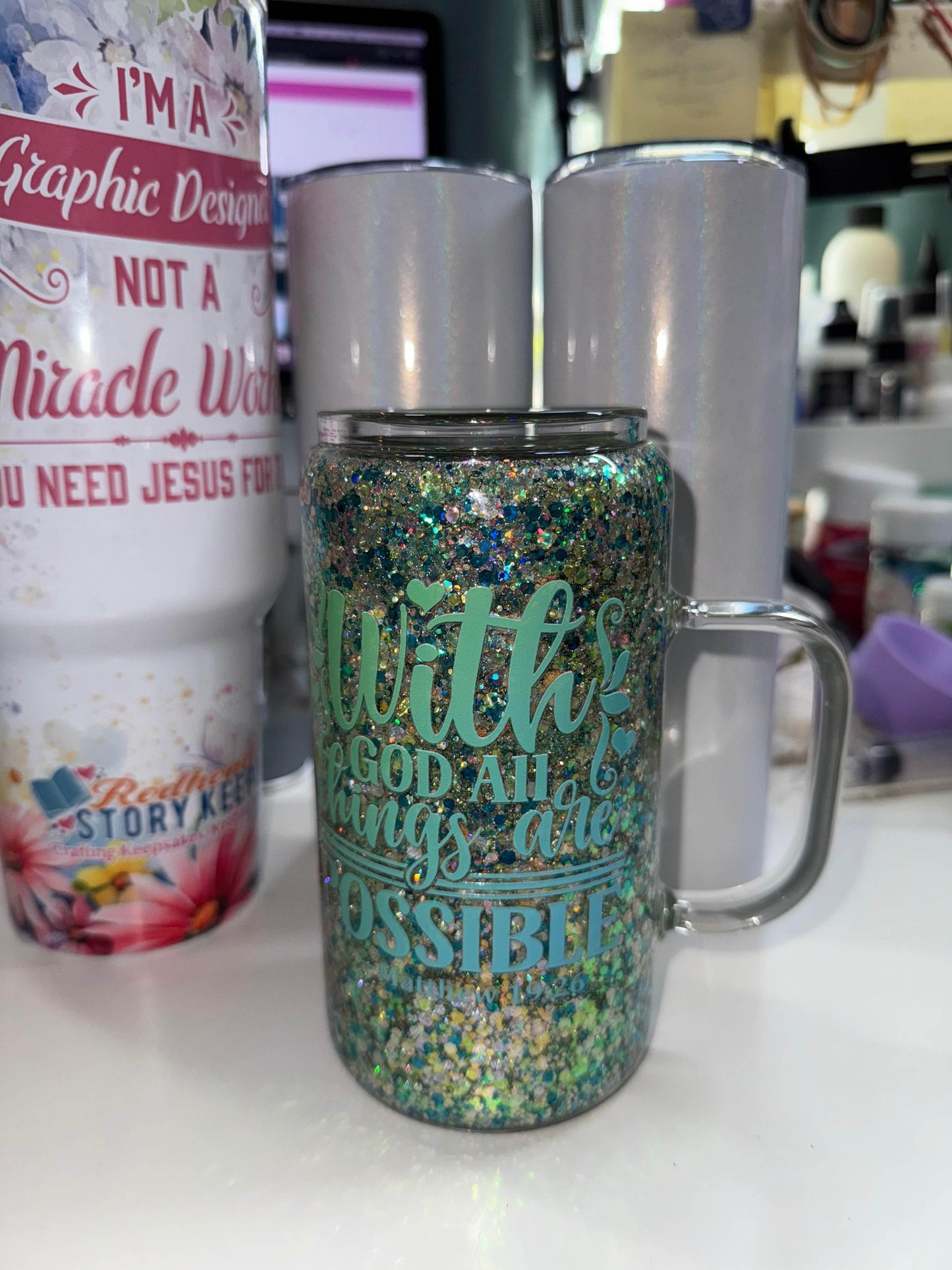 17 oz With God All Things Glitter Globe Glass Mug - The Redheaded StoryKeeper