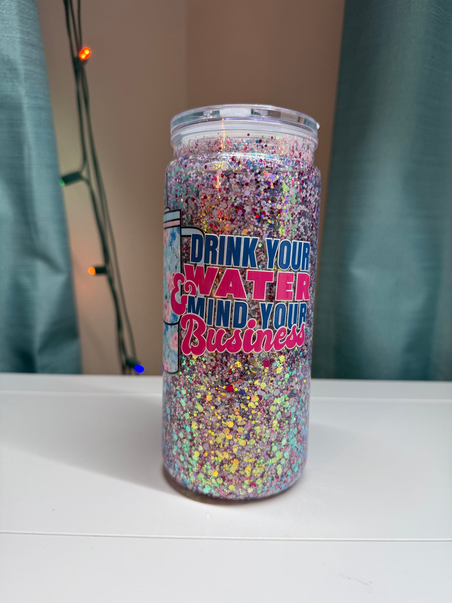16 oz Drink Your Water Mind Your Business Glitter Tumbler