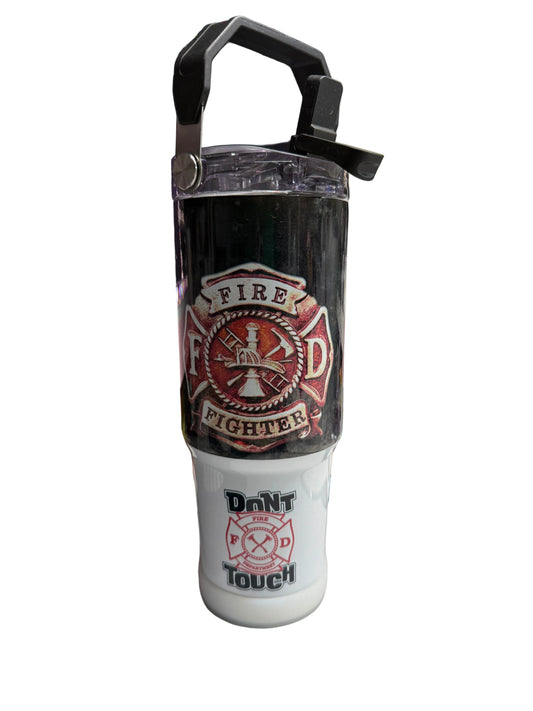 Close-up of a fire extinguisher with visible branding on a cluttered background