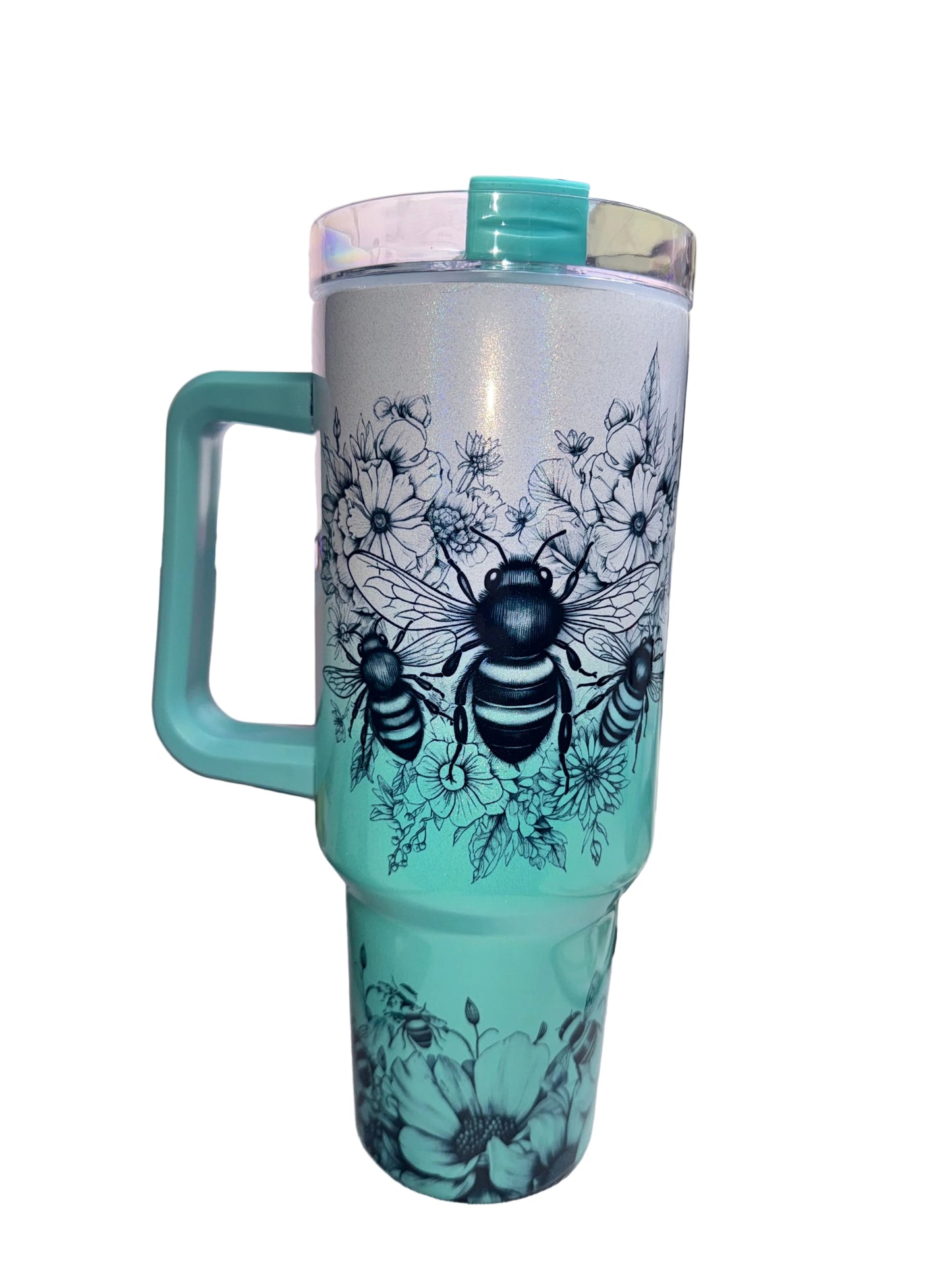 40 oz Coffee First, Mom Later Ombré Mint Holographic Travel Tumbler