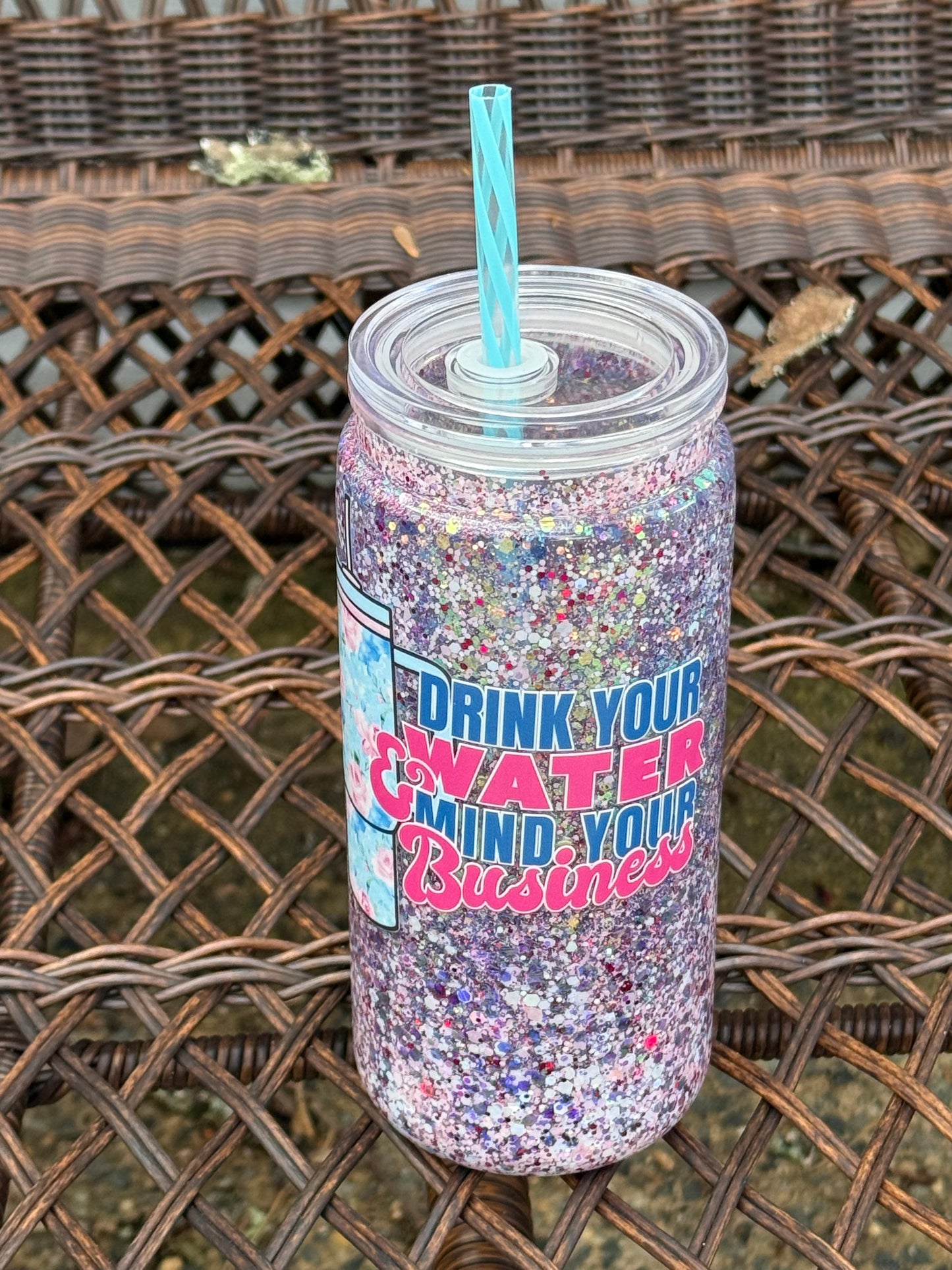 20 oz Drink Your Water & Mind Your Business Glitter Snowglobe Tumbler