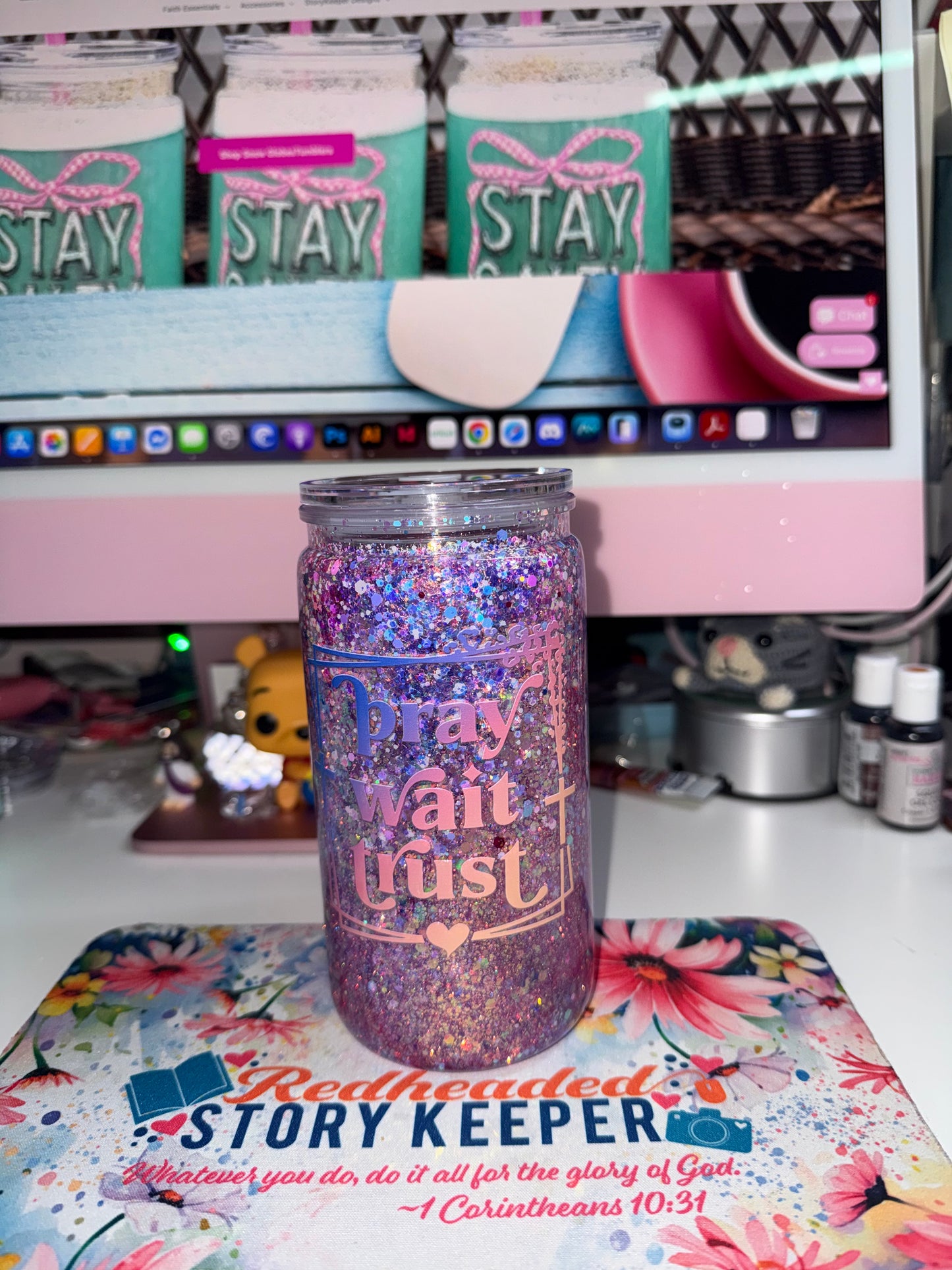 16 oz Pray Wait Trust Snow Globe Glitter Tumbler
