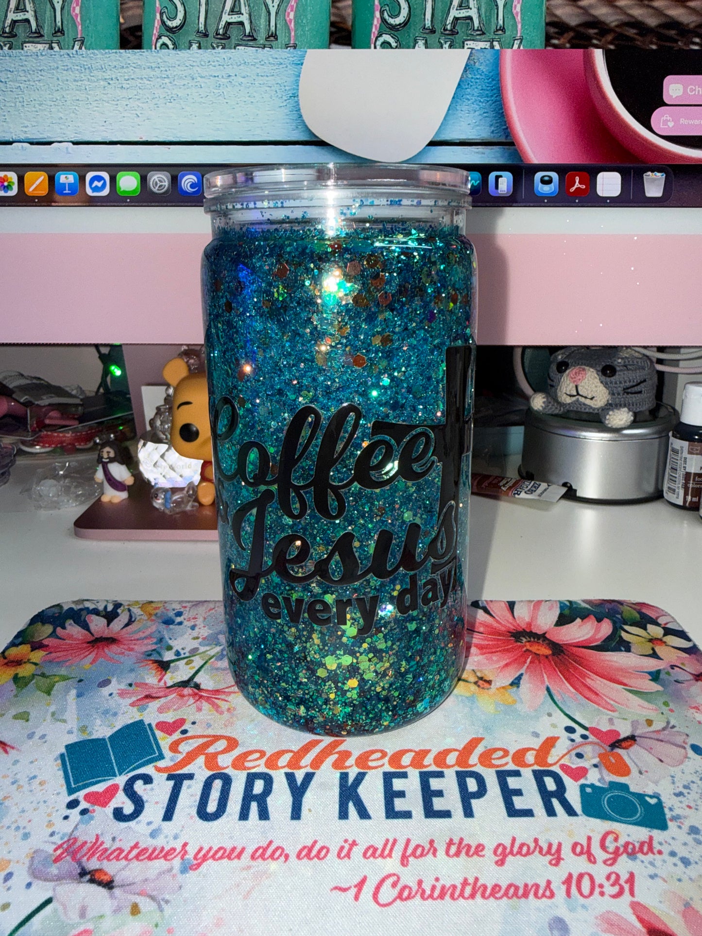 16 oz Coffee & Jesus Every Day Glitter Snow Globe Tumbler