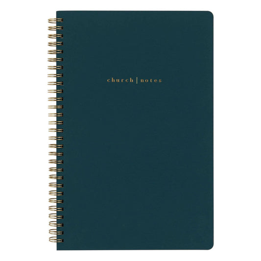 Dark blue notebook with 'church notes' text on a white background