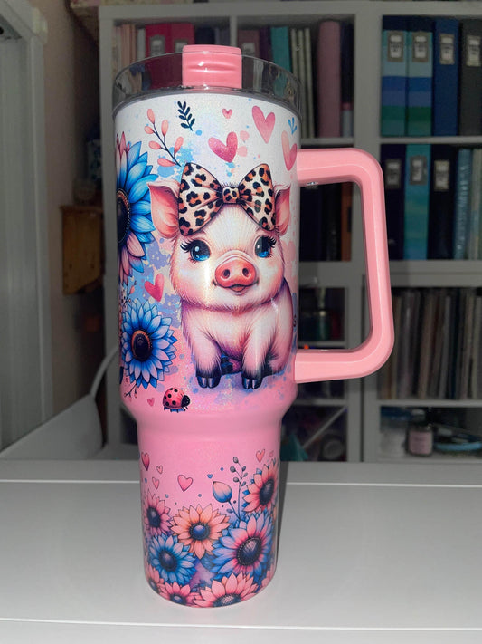 40 oz Pink Ombre Holographic Travel Tumbler - Sweet Piggies - The Redheaded StoryKeeper