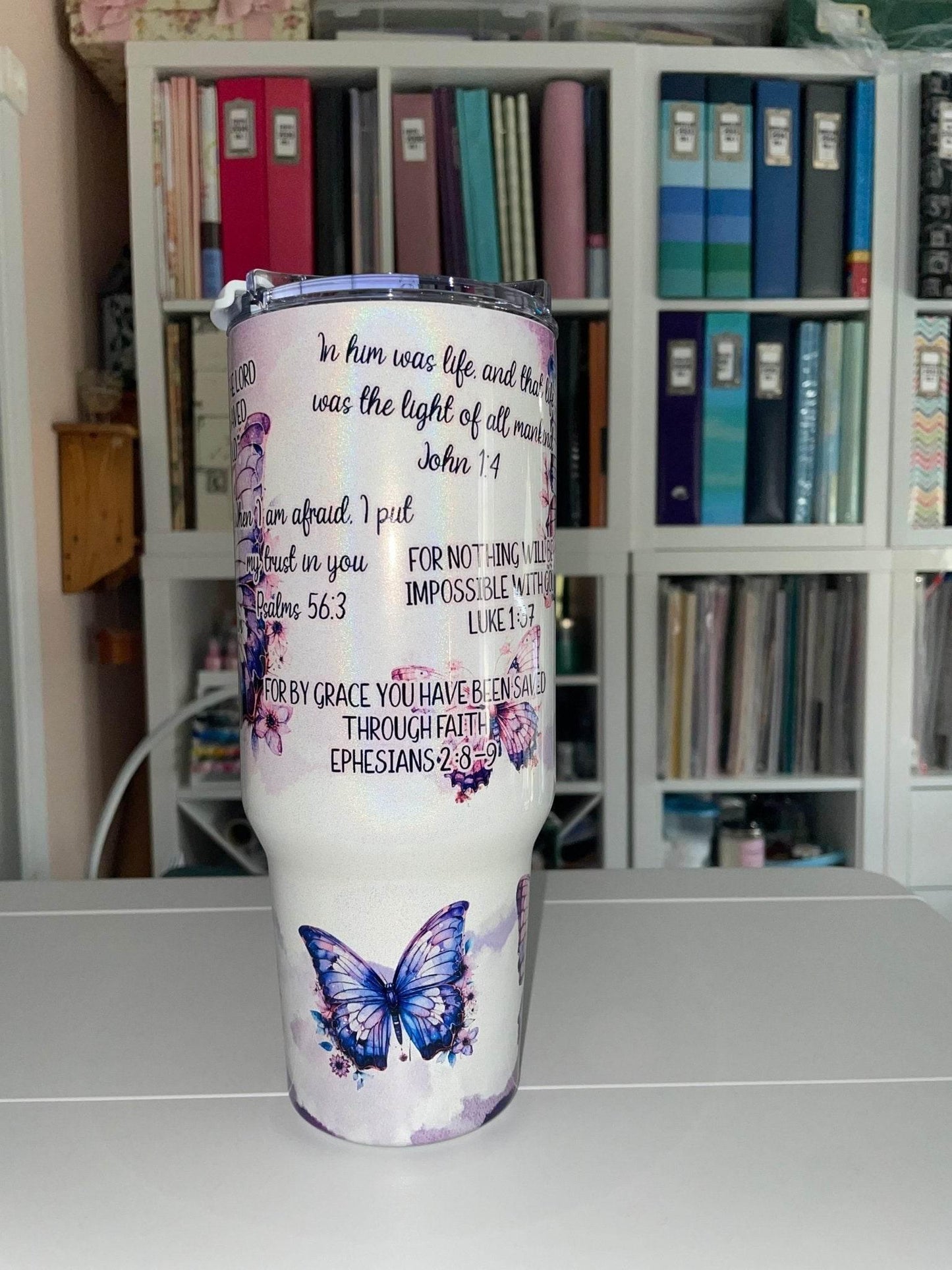 40 oz Purple Butterflies Scripture Holographic Big Swig Tumbler - The Redheaded StoryKeeper
