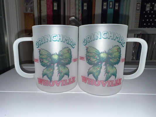 17 oz Grinchmas Bow Frosted Glass Mug - The Redheaded StoryKeeper