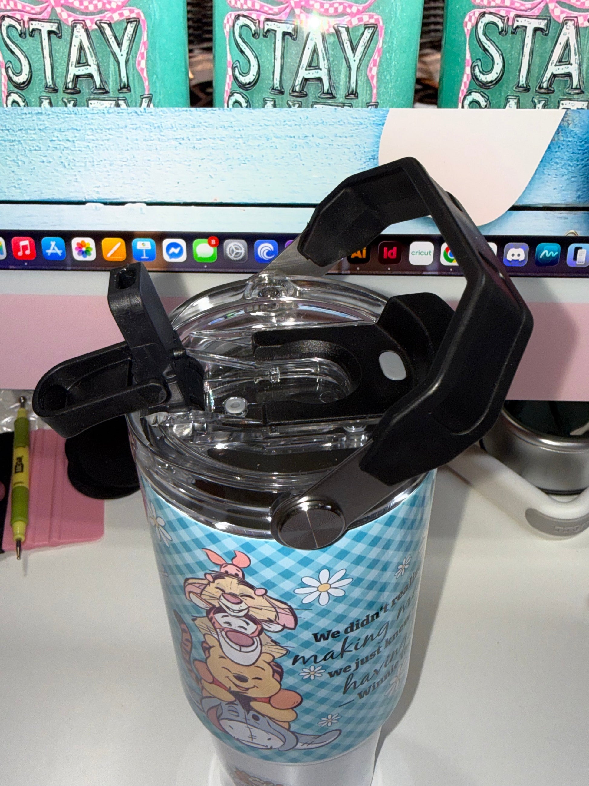 30 oz Making Memories Tri Sip Tumbler - Winnie the Pooh characters on teal gingham design, front view