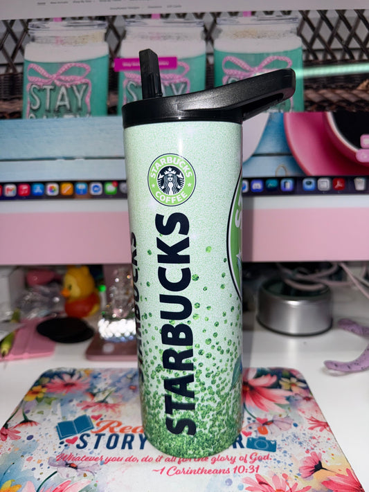 20 oz Fairy Starbucks Duo Tumbler - side view showing Tinker Bell full design with pink flowers