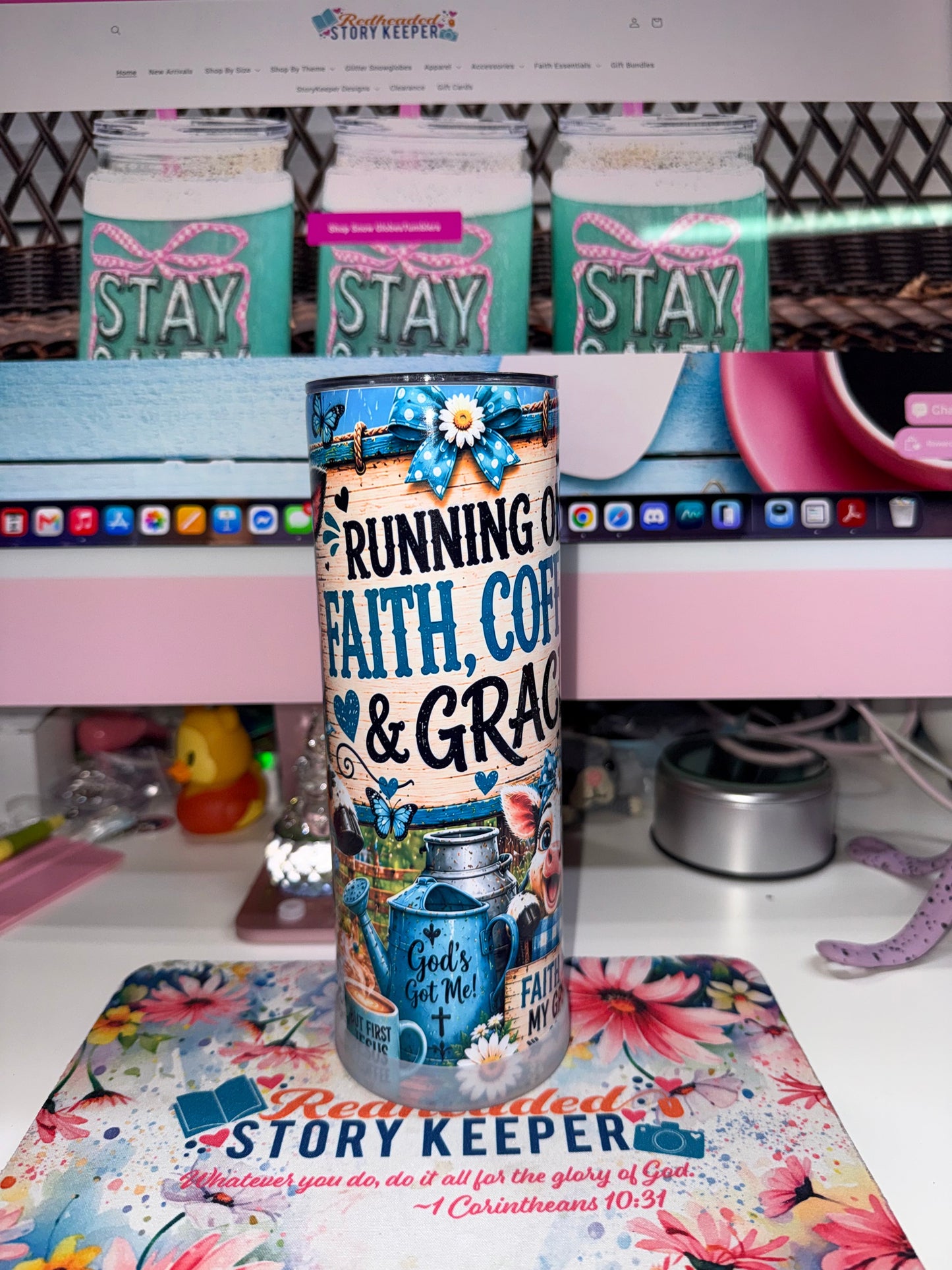 20 oz Running on Faith Coffee and Grace Tumbler - side 3 showing Running on Faith Coffee and Grace with God's Got Me and Faith is My GPS with milk can scene