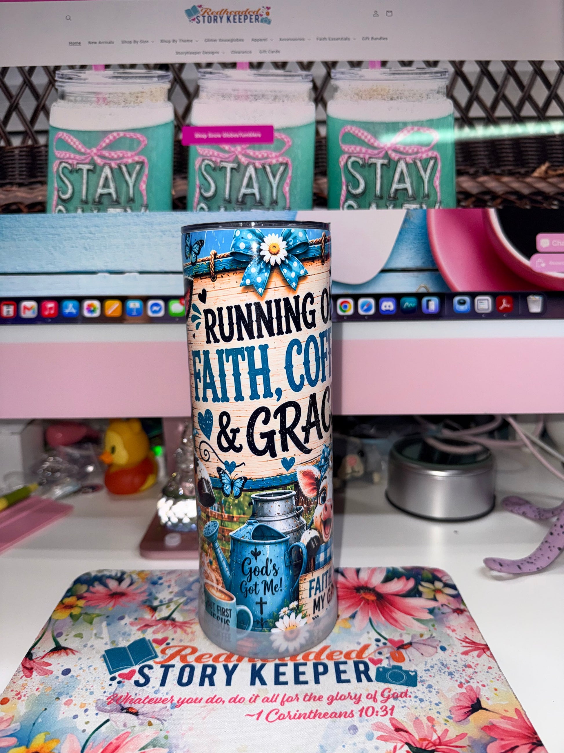 20 oz Running on Faith Coffee and Grace Tumbler - side 3 showing Running on Faith Coffee and Grace with God's Got Me and Faith is My GPS with milk can scene