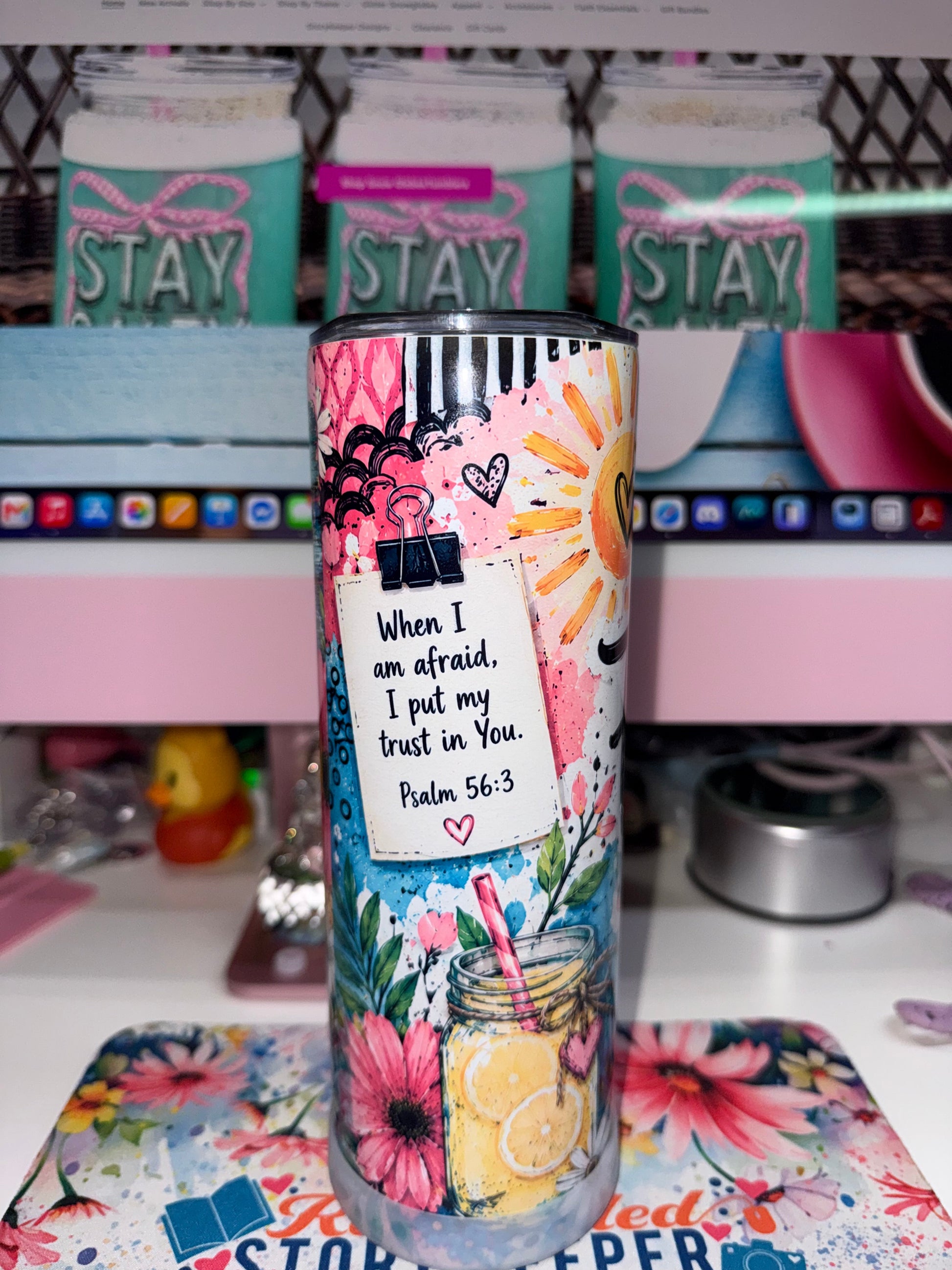 20 oz Faith Over Fear Tumbler - side view showing When I am afraid I put my trust in You Psalm 56:3 on notecard with mason jar lemonade scene