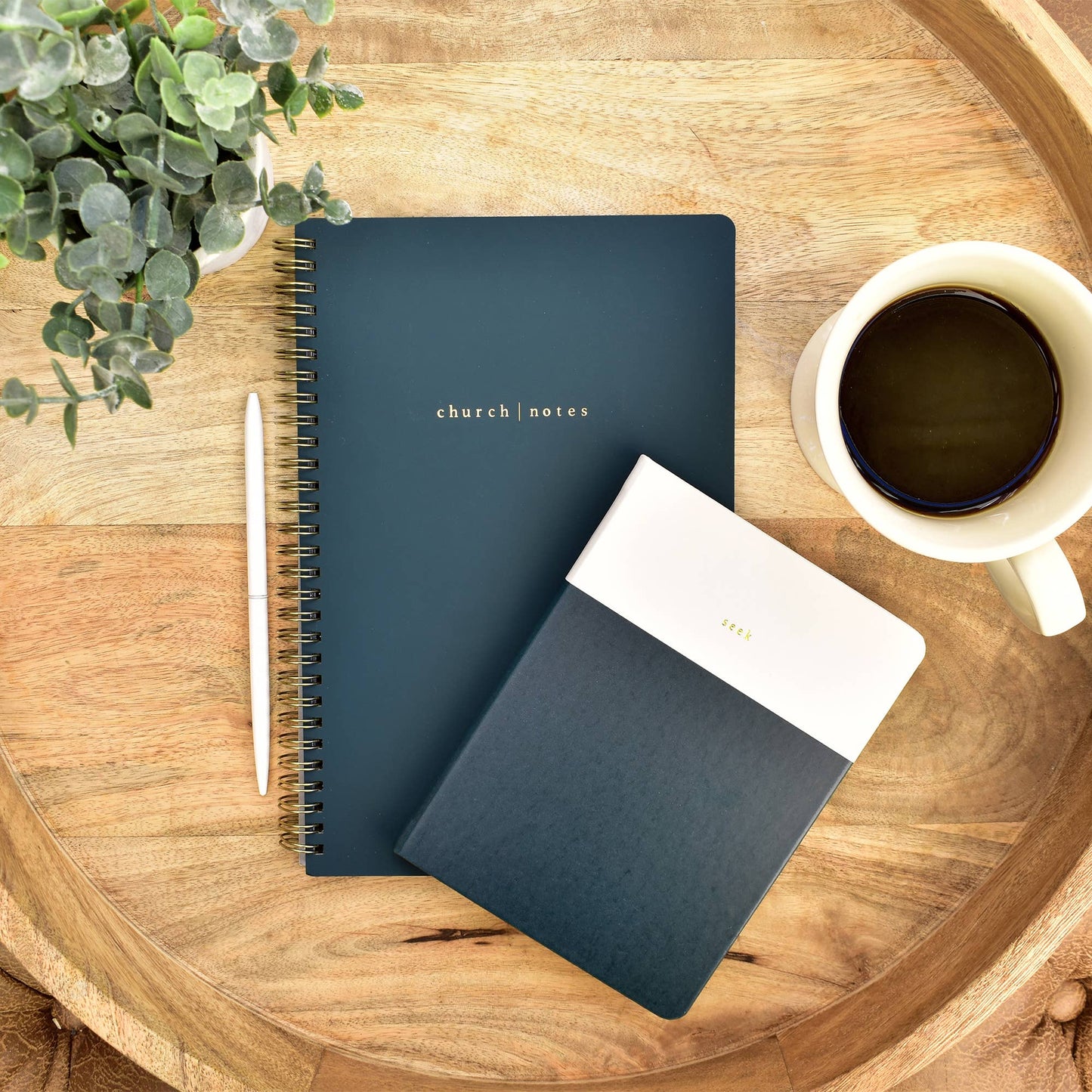 Two notebooks and a cup of coffee on a wooden surface with a plant.