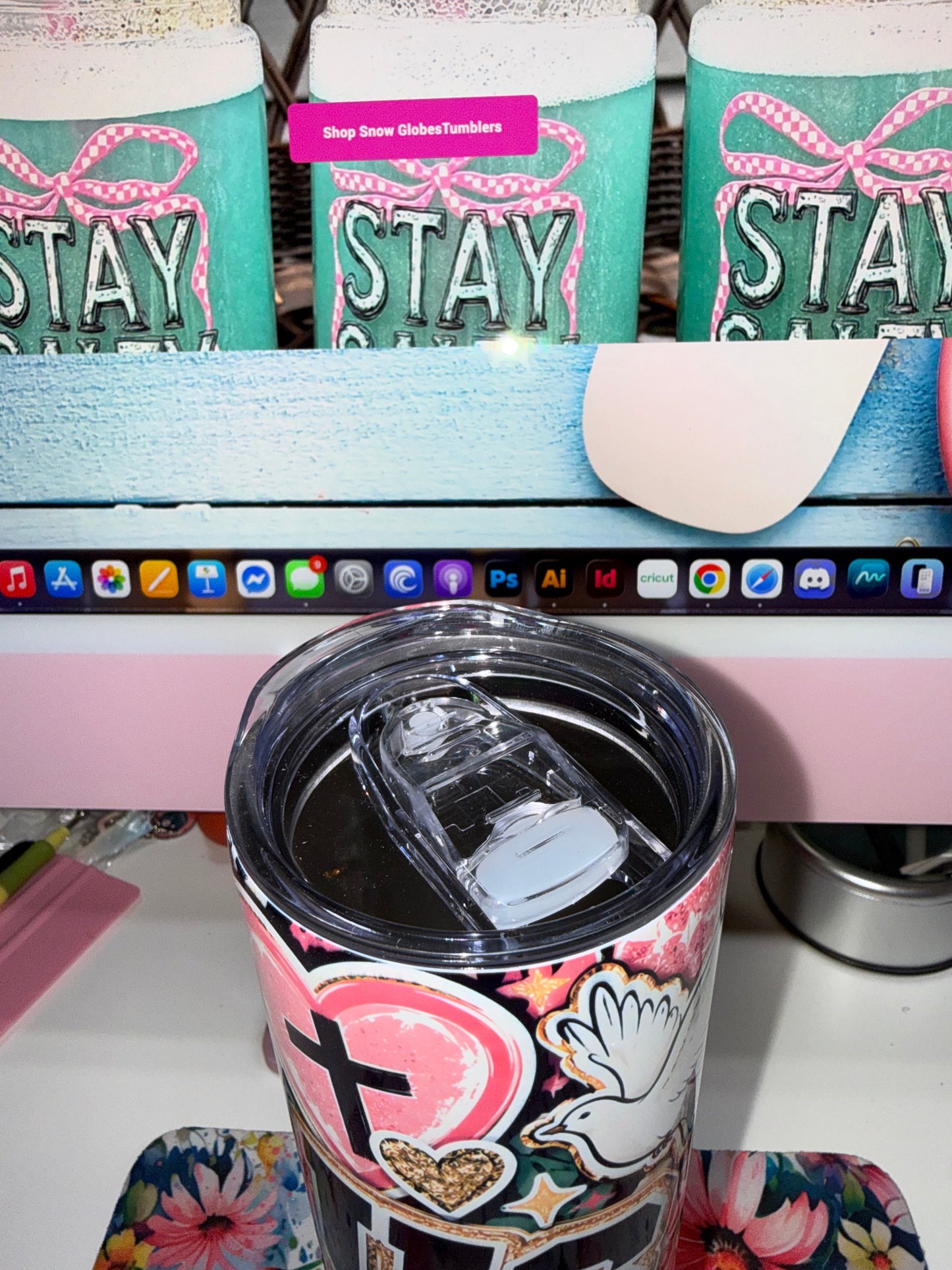 20 oz Blessed Jesus Girl Tumbler - top view showing clear flip-up locking lid with straw opening and cross heart design below