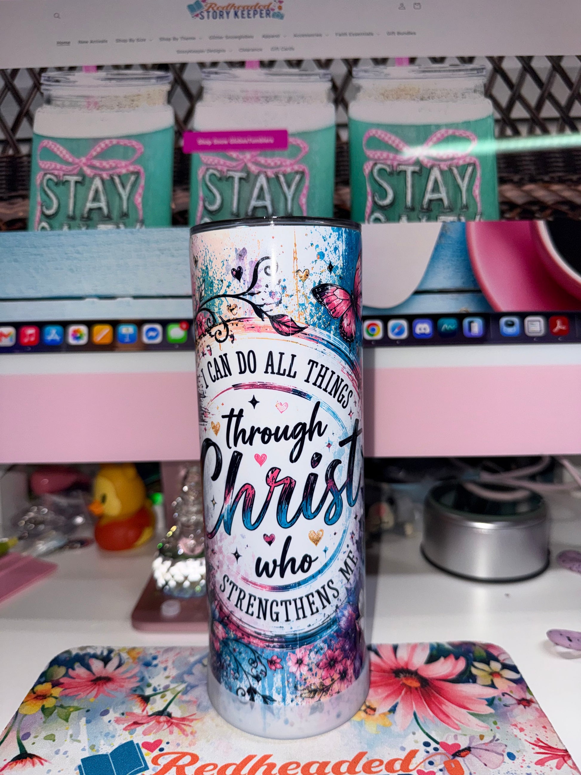 20 oz I Can Do All Things Through Christ Tumbler - front full view showing complete Philippians 4:13 scripture with watercolor pink teal and purple design