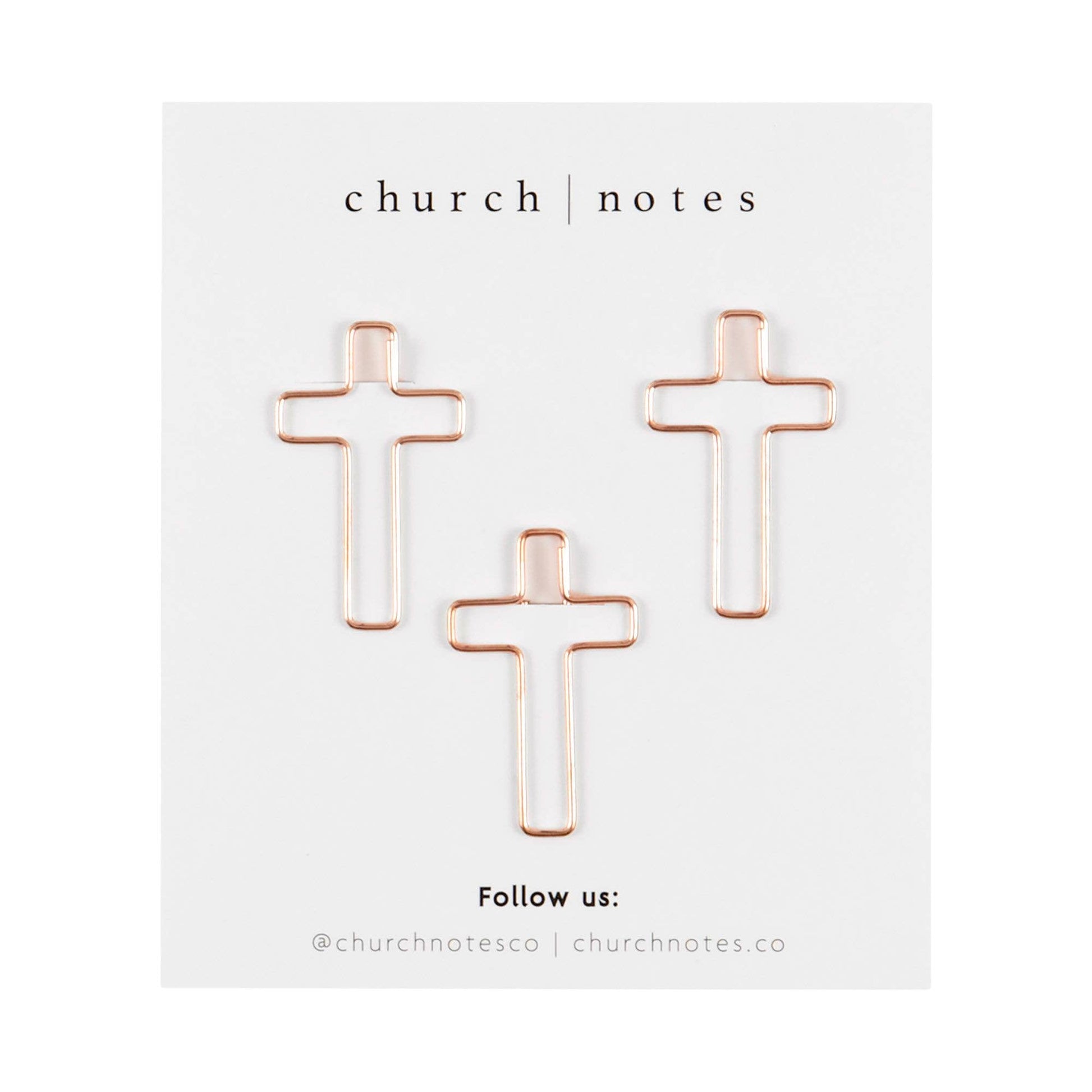 Three cross-shaped paper clips on a white card with 'church notes' branding.