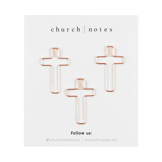 Three cross-shaped paper clips on a white card with 'church notes' branding.