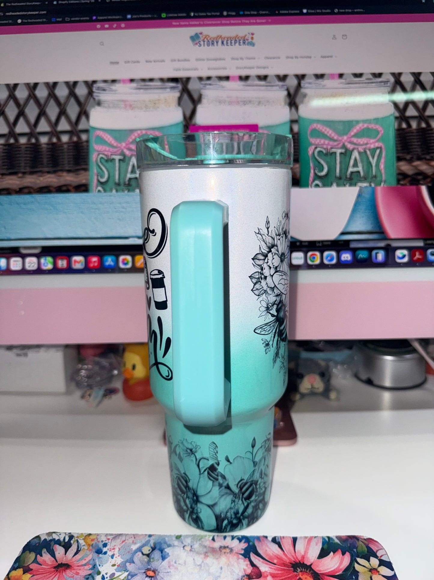 40 oz Coffee First, Mom Later Ombré Mint Holographic Travel Tumbler