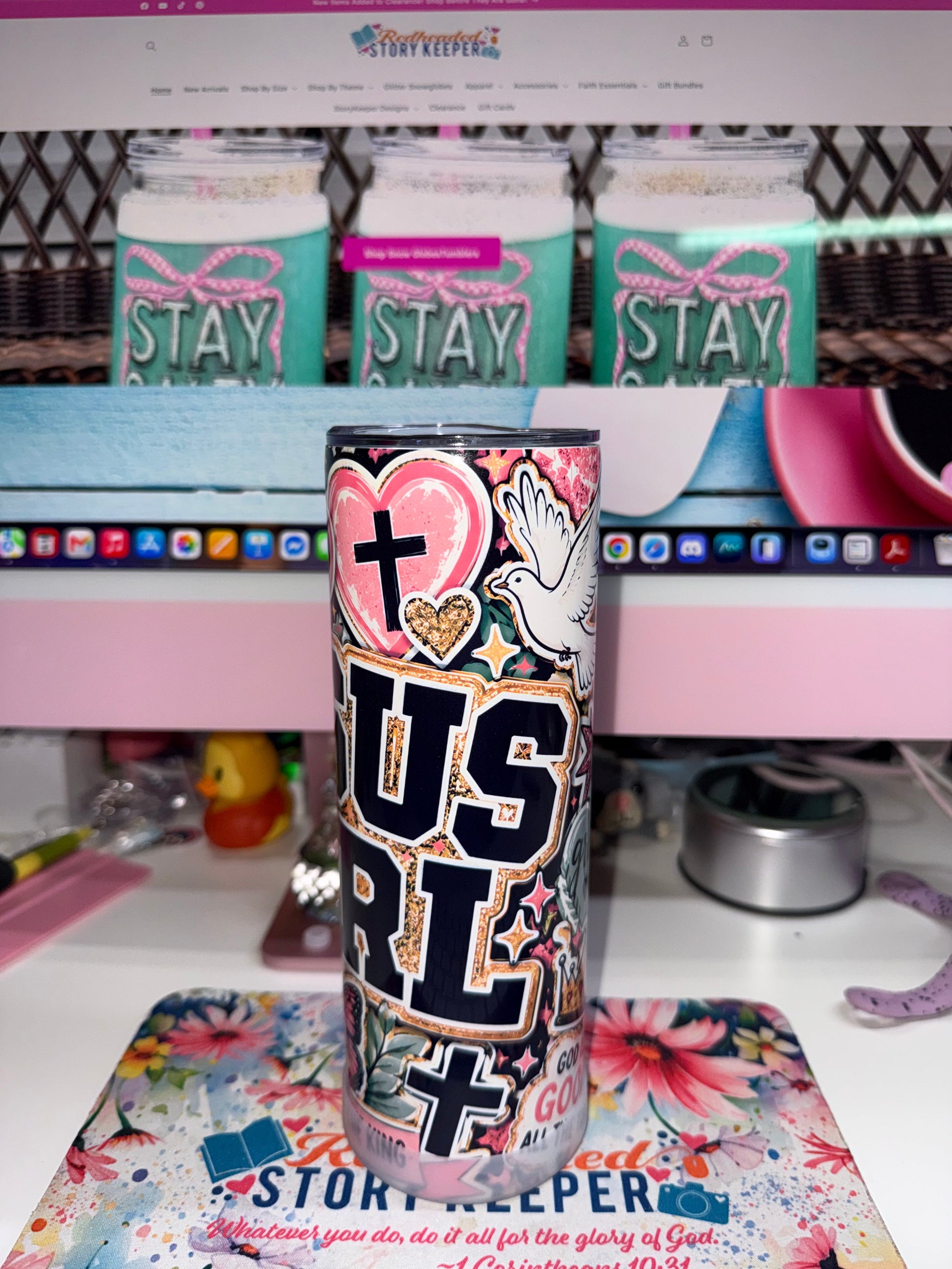 20 oz Blessed Jesus Girl Tumbler - side view showing cross, dove, gold heart and Jesus Girl lettering with leopard print accents