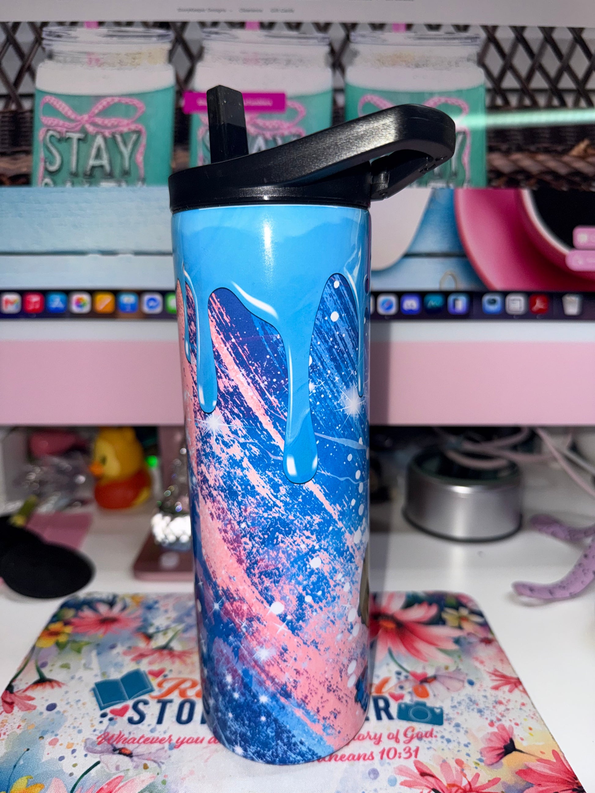 20 oz Ohana Coffee Stitch Duo Tumbler - back view showing galaxy blue and pink splash design with blue drip top