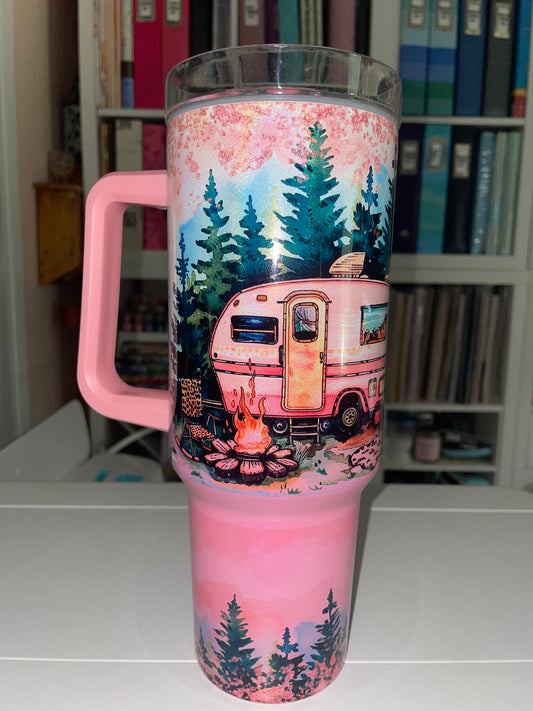 40 oz Pink Ombre Holographic Travel Tumbler - Camping Queen