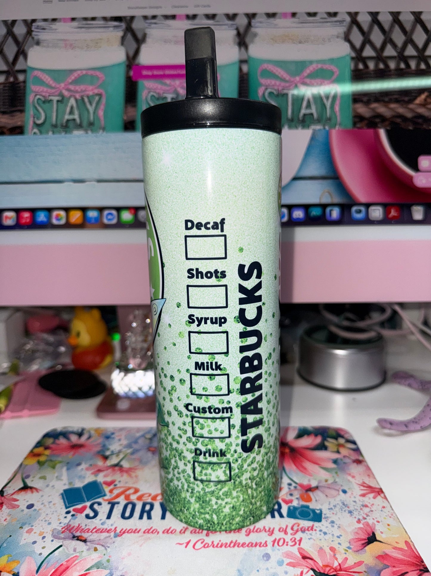 20 oz Fairy Starbucks Duo Tumbler - top view showing black Duo lid with carry handle and flip-up straw