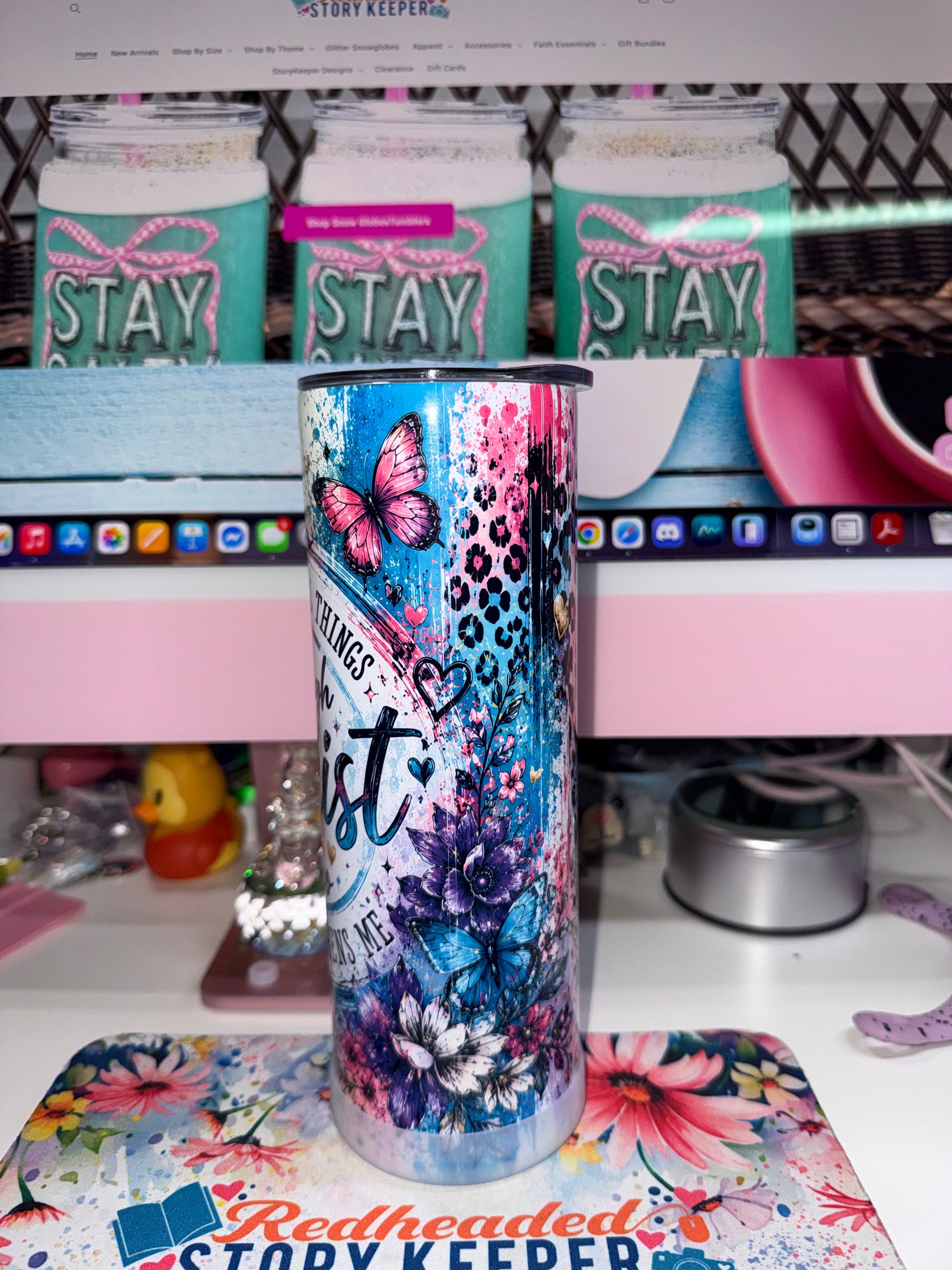20 oz I Can Do All Things Through Christ Tumbler - side view showing butterfly, purple florals and Christ who strengthens me lettering