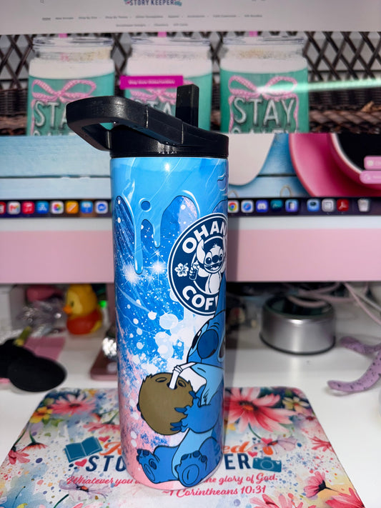20 oz Ohana Coffee Stitch Duo Tumbler - side view showing Stitch design and blue drip wrap with Duo lid