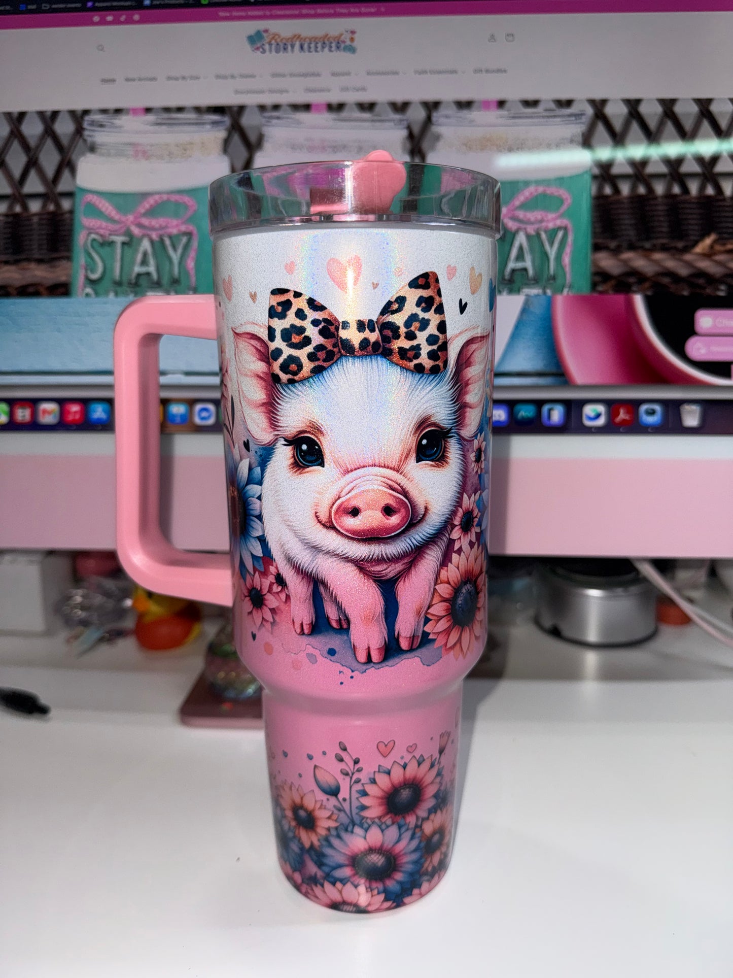 40 oz Pink Ombre Holographic Travel Tumbler - Sweet Piggies
