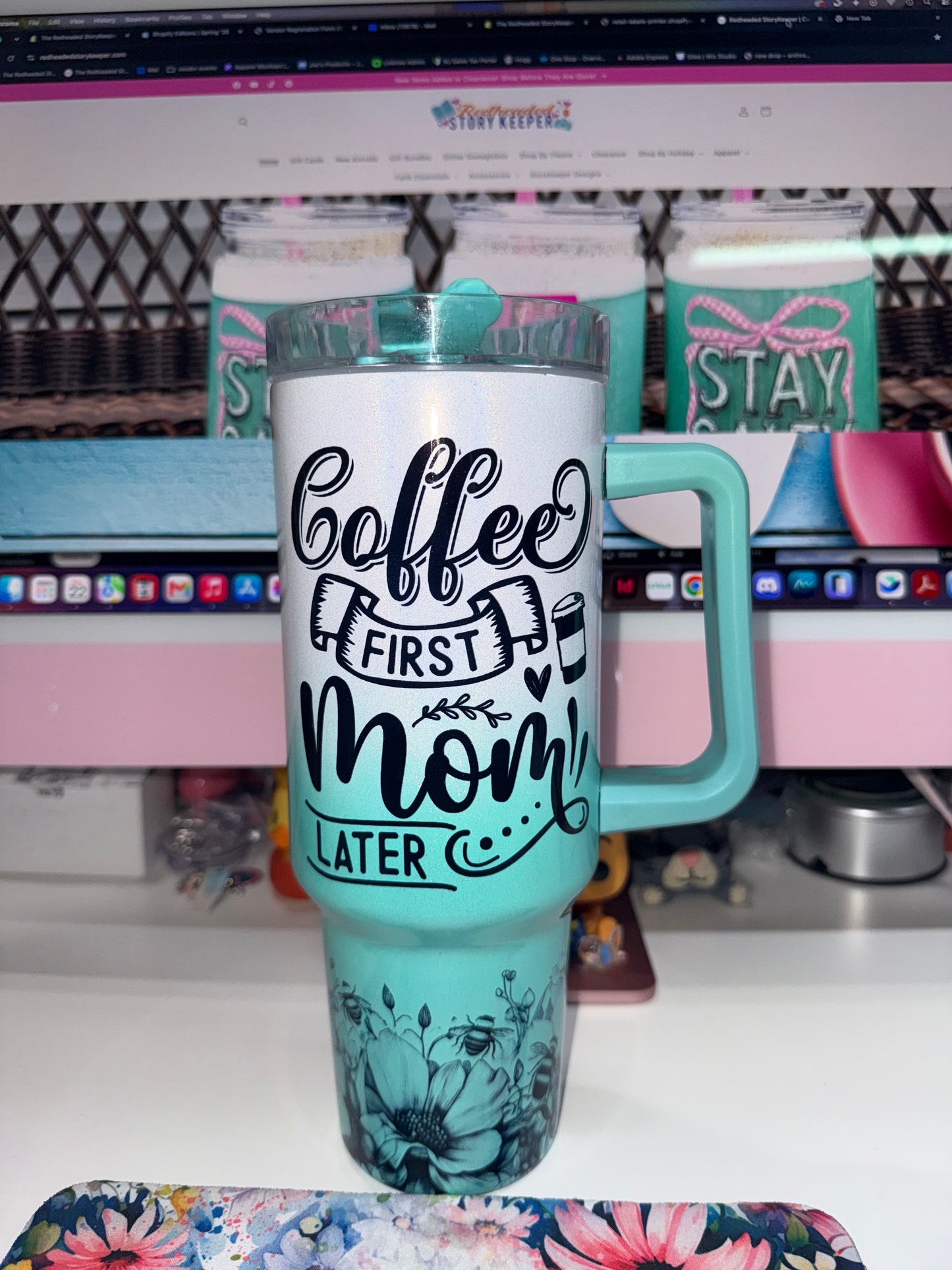 40 oz Coffee First, Mom Later Ombré Mint Holographic Travel Tumbler