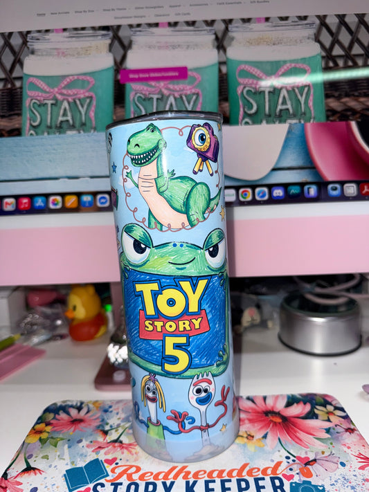 20 oz Toy Story 5 Tumbler - side 4 showing Toy Story 5 logo with Rex, new frog character and Forky