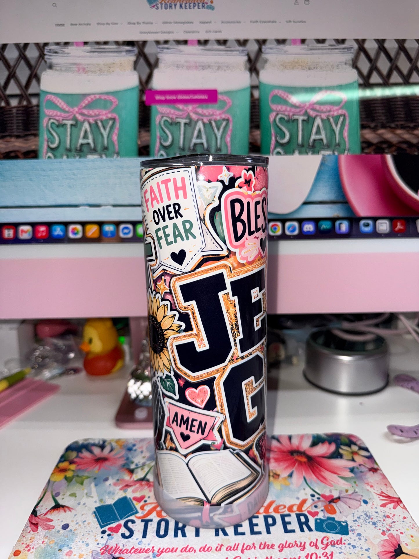 20 oz Blessed Jesus Girl Tumbler - side view showing Faith Over Fear, Amen, sunflower and open Bible sticker collage design