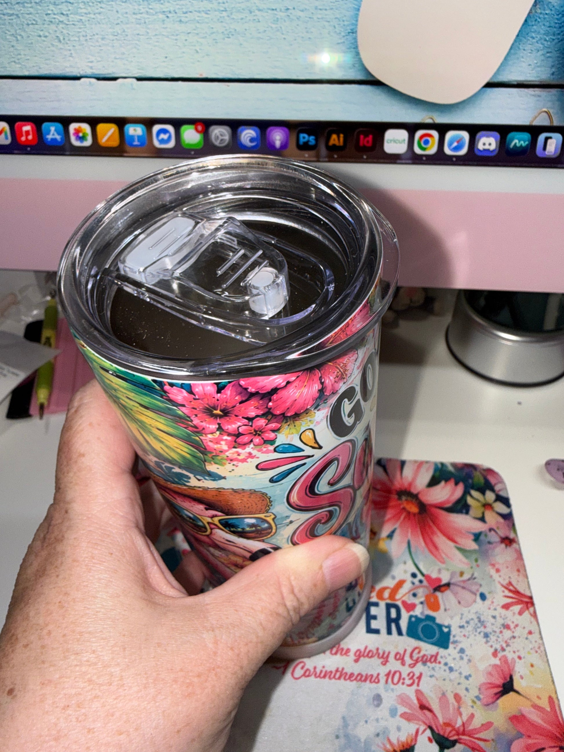 20 oz Good Times Sunshine & Ice Cream Kind of Day Tumbler - side view showing ice cream and flip flop design